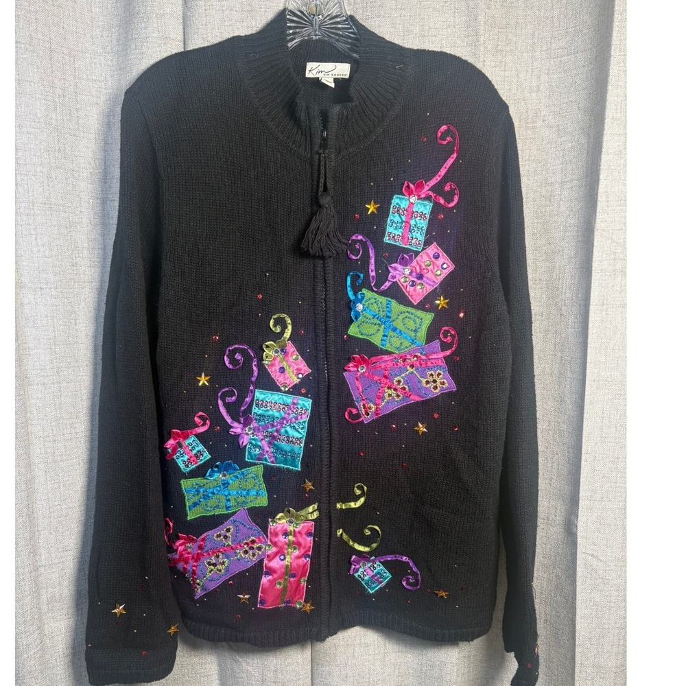 Kim Rogers Womens Black Christmas Gift Box Sequin Zip Front Cardigan Sweater L